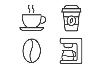 Coffee icon set vector line illustration. Includes hot cup, takeaway mug, coffee bean, and drip maker machine. For web, app, cafe menu, branding. Hot drink, beverage, caffeine.