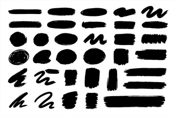 Large collection of black grunge brush strokes. Hand-drawn ink paint spots, abstract lines, and scribble shapes. Artistic textured design elements for banners and highlights.