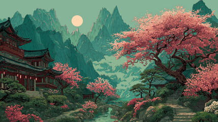 Chinese-style landscape with full moon, traditional buildings and flowering trees, peaceful oriental poetic scene, ideal for cultural promotion