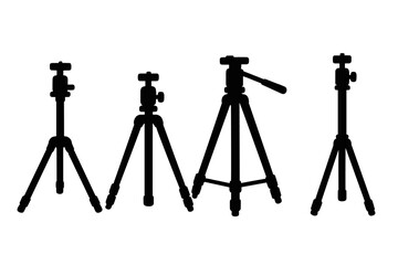 Set of four minimalist tripod silhouettes for photography and video equipment design, vector cartoon illustration with transparent background, ordered collection for creative projects
