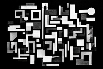 Abstract arrangement of white/grey geometrical shapes on a black background, creating a complex, fragmented, and modern composition