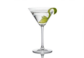 A clear martini glass filled with a refreshing drink, garnished with a lime twist and slice, against a plain white background.
