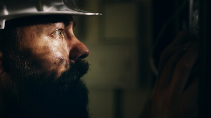 Man, technician and machine in server room at night for inspection, maintenance and diagnostics. Electrician, mockup space and database for cable repairs, monitor system and troubleshooting deadline