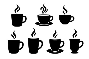 Obraz premium Silhouette coffee mugs and cups set with rising steam, minimalist style vector illustration, cartoon style hot beverage icons, transparent background, ordered collection