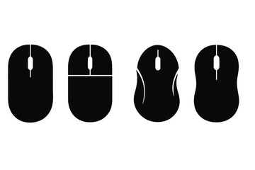 Silhouette computer mouse icons set featuring classic and modern designs, vector cartoon illustration with transparent background, ordered collection of mouse shapes, technology symbols