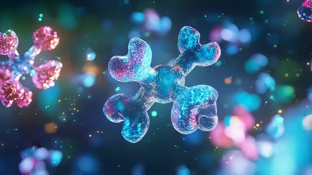 Antibodies floating in microscopic environment with colorful bokeh effect