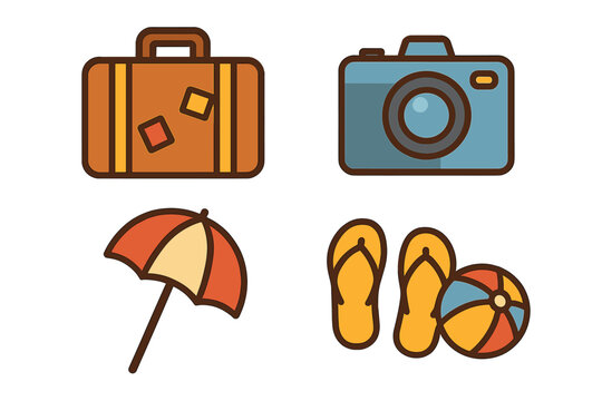 Travel icon set for summer vacation. Flat cartoon vector illustration. Beach essentials like suitcase, camera, sun umbrella, flip flops and ball. Holiday journey graphic elements.