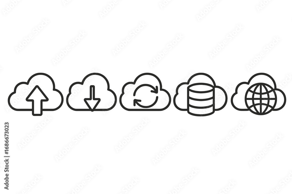 Poster set of cloud technology linear icons. upload, download, sync, data storage and global network symbol