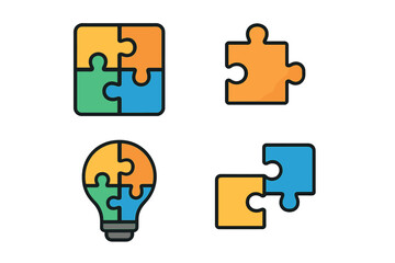 Puzzle icon set. Jigsaw pieces connecting as a metaphor for teamwork, collaboration, partnership. Lightbulb puzzle for creative idea, innovation, solution. Business strategy.