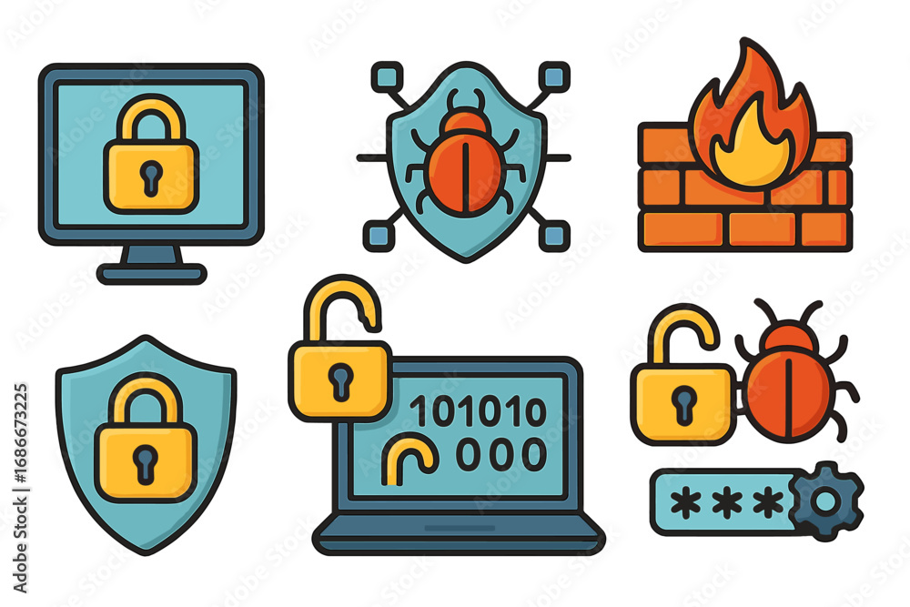 Fototapete cybersecurity icon set vector. digital privacy, data protection concepts. network security, firewall