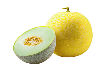 Two cantaloupes, one whole and one halved, sit side-by-side. The whole cantaloupe is a vibrant yellow, while the halved one is a pale, light green.  