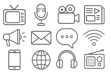 Media communication line icon set. Journalism, social media, blogging signs. TV, radio, podcast mic, video camera, newspaper, mail, chat, wifi, phone, web, headphones. Vector.