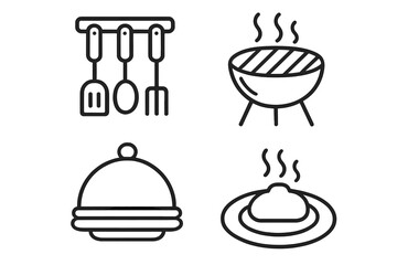 Cooking and kitchen outline icon set. Vector collection of food preparation symbols like utensil, barbecue grill, hot dish, and serving plate for web, app, and culinary graphics.