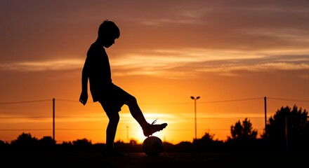 Silhouette of a boy balancing a soccer ball with his foot against a vibrant sunset