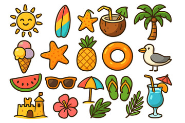Cute cartoon summer beach icon set. Collection of doodle vector elements for tropical travel and vacation. Sun, palm, surfboard, ice cream, pineapple, cocktail, sandcastle.