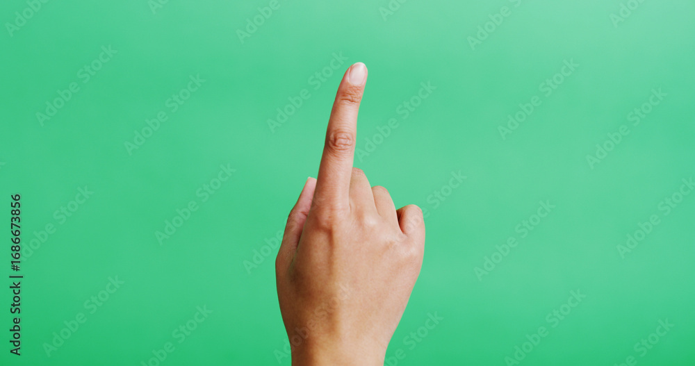 Poster hand, click and person with finger, green screen and swiping with dashboard. closeup, mockup space o