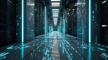 Futuristic cyberpunk data center with glowing blue circuits and neon lighting, digital tech concept for ad, presentation, website