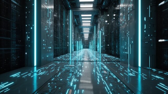 Futuristic cyberpunk data center with glowing blue circuits and neon lighting, digital tech concept for ad, presentation, website