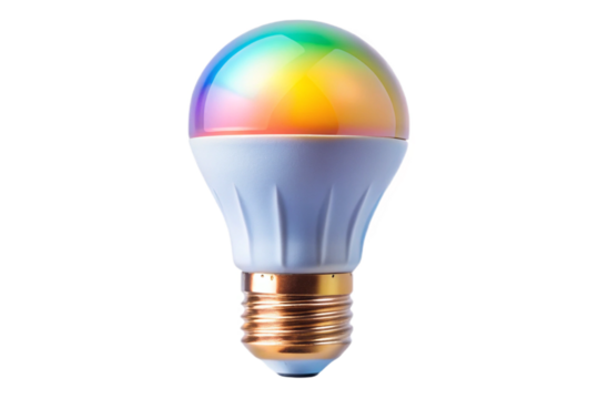 Smart led light bulb showing full spectrum color light isolated transparent background