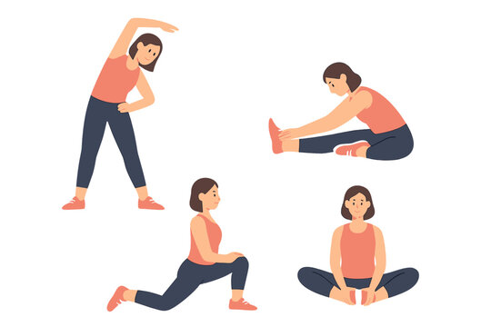 Young woman doing stretching exercises set. Fitness, yoga, pilates poses for flexibility training. Warm up, cool down routine. Vector flat cartoon character illustration.