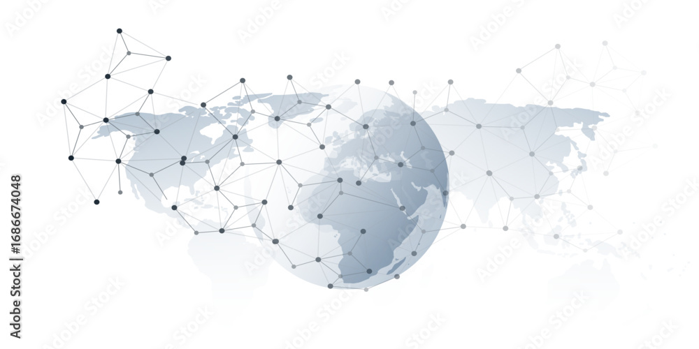 Poster abstract grey globe with 3d network points and lines connecting continents over a gray world map bac