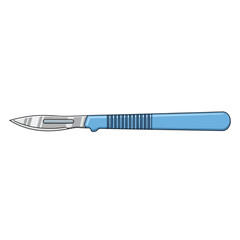 Blue handled surgical scalpel with a sharp silver blade, a medical instrument used for precise cutting in operations.