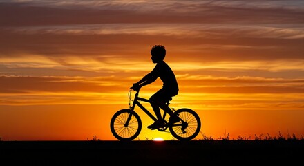 Fototapeta premium Silhouette of a boy riding his bicycle against a vibrant sunset backdrop