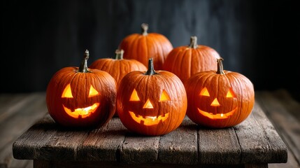 Fototapeta premium Group of pumpkins with their eyes lit up on a wooden table. Scene is spooky and festive, as the pumpkins are a common symbol of Halloween