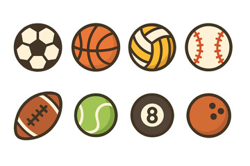 Sports balls icon set. Flat cartoon vector illustration collection. Soccer, basketball, volleyball, baseball, American football, tennis, billiard 8-ball and bowling ball.