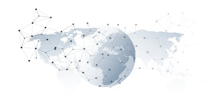 Abstract grey globe with 3d network points and lines connecting continents over a gray world map background. Modern concept for global communication, data transfer, internet and global technology.