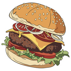 Vector art of delicious burger with cheese and vegetables