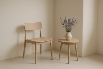 Minimalist interior corner with chair, table and lavender arrangement in soft ambient light