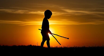 Silhouette of a child holding sticks against a vibrant sunset set on a grassy field