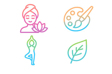 Obraz premium Wellness and art icon set. Vector symbols for spa, beauty, yoga, balance, painting, creativity, and nature. Gradient line art illustration for a healthy lifestyle concept.