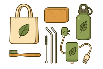Eco-friendly products for sustainable living. Zero waste lifestyle items set. Reusable bag, water bottle, bamboo toothbrush, and metal straws. Vector cartoon illustration.