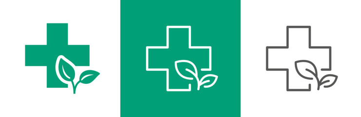 flat and linear set icons, medical pharmacy icon, herbal care, organic medicine, cross with leaves, simple symbols on white and black background - editable stroke vector illustration