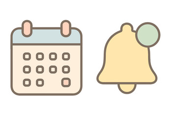 Vector icon set with calendar and notification bell. Minimalist flat cartoon style in soft pastel tones for app and website UI/UX design. Schedule, reminder, alert concepts.