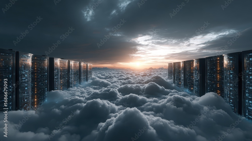 Poster data center racks in modern server room with glowing lights and white cloud at the end, metaphor for