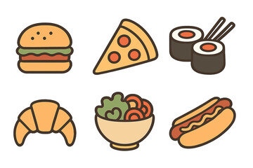 Food icon set. Vector cartoon illustrations. Burger, pizza, sushi, salad, hot dog, croissant. Minimalist flat design element for menu, website, sticker or mobile app.