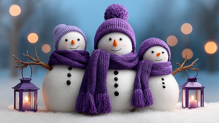 Obraz premium Three snowmen with purple hats and scarves are standing next to a lantern. The lantern is lit, creating a warm and cozy atmosphere. The snowmen are smiling, giving the scene a cheerful