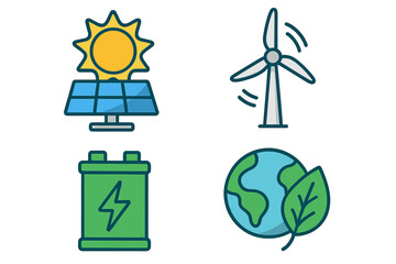 Renewable energy icon set with solar panel, wind turbine, battery storage and eco earth symbols. Sustainable green power concept. Vector illustration for web and mobile apps.