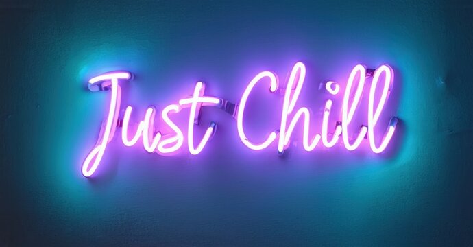 Bright neon sign displays Just Chill. Purple glow contrasts with teal background. Relaxing vibes, simple message, modern aesthetic. - Powered by Adobe