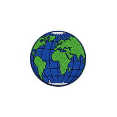 A detailed embroidered patch depicting the earth with green landmasses and blue oceans, featuring a grid of latitude and longitude lines. Ideal for apparel or craft projects.