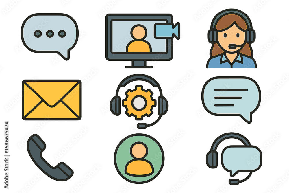 Poster web icon set for customer service and communication. vector symbols for contact us, help desk, and c