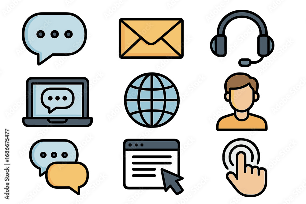Poster set of web icons for online communication, technical support, and user interaction. vector symbols f