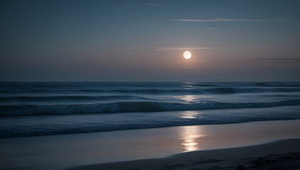 Obraz premium Full Moon Rising Over Ocean Horizon with Gentle Waves