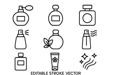 Perfume icon set vector, editable stroke perfume bottles and sprays, fragrance illustration for web, books, cards, apps, transparent background, ordered cosmetic design