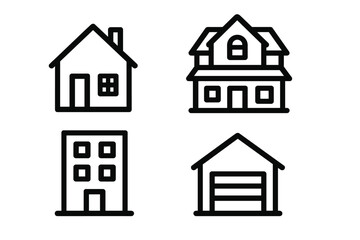 Fototapeta premium Minimalist outline icons of residential buildings. House, home, apartment block and garage vector icon set. Simple line art for real estate, property, architecture and web design.