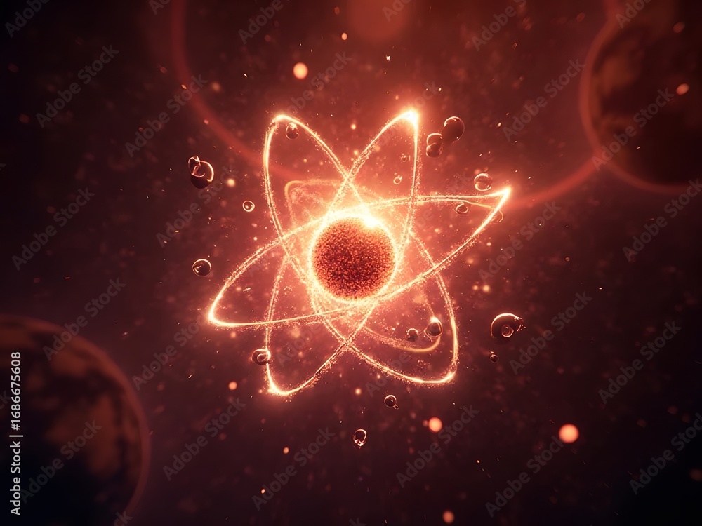 Aufkleber glowing atomic structure in red hues, horizontal composition. surrounding planets and particles crea