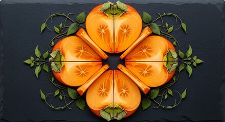 Persimmon perfection: A captivating symmetrical arrangement on slate surface, with floral accents and natural texture